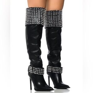 AZALEA WANG Black Vegan Leather & Silver Studded Over the Knee Boots